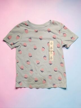 CAT & JACK Pink Strawberry Print Short Sleeve Tee on Light Blue. Size 4T. NWT!